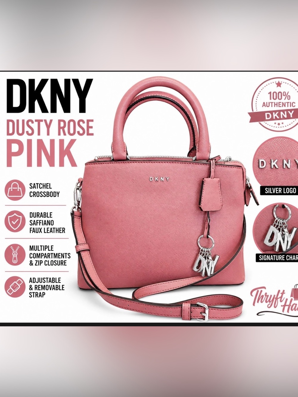 DKNY Dusty Rose Pink Saffiano Satchel with Removable Strap